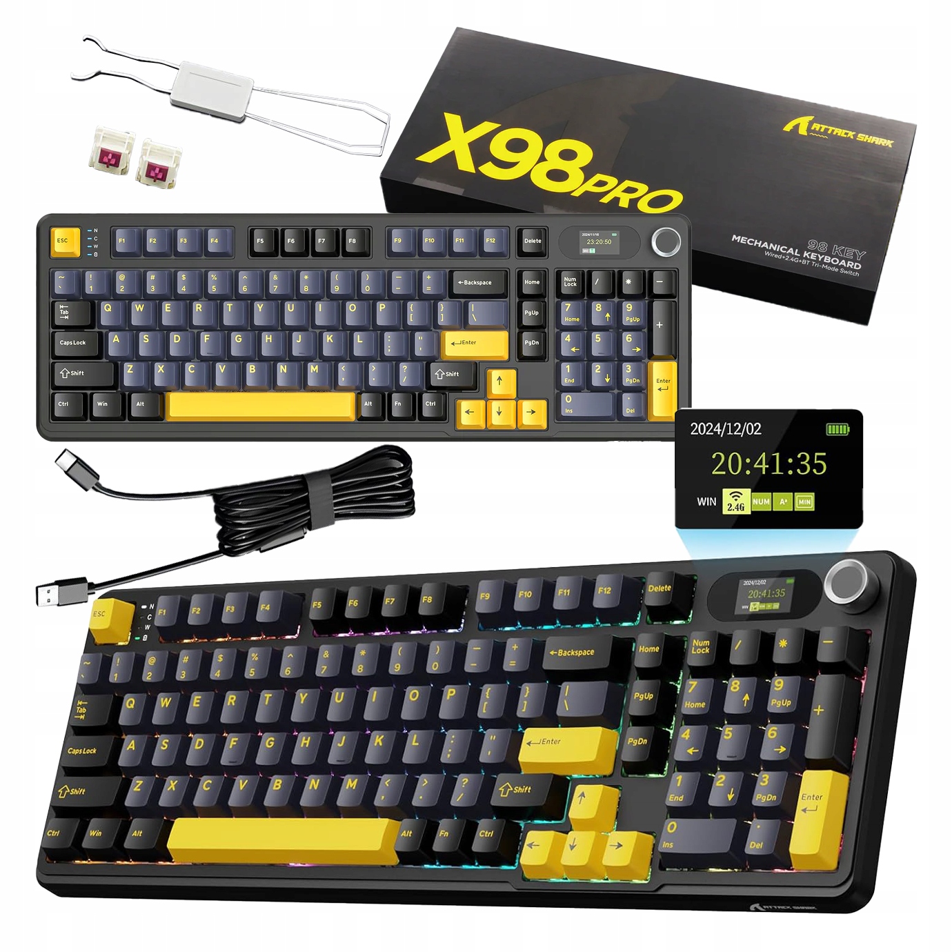 Bezprzewodowa klawiatura mechaniczna ATTACK SHARK X98 PRO z ekranem LED i pokrętłem.